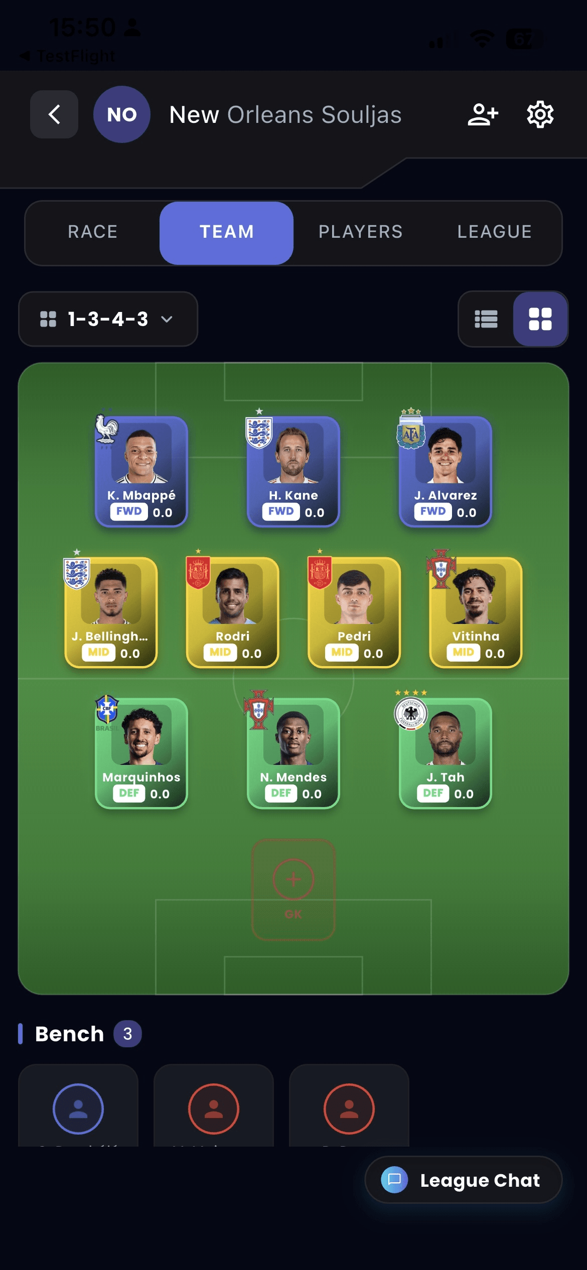 Total90 lineup builder with 1-3-4-3 formation — Mbappé, Kane, Alvarez up top, Bellingham, Rodri, Pedri, Vitinha in midfield
