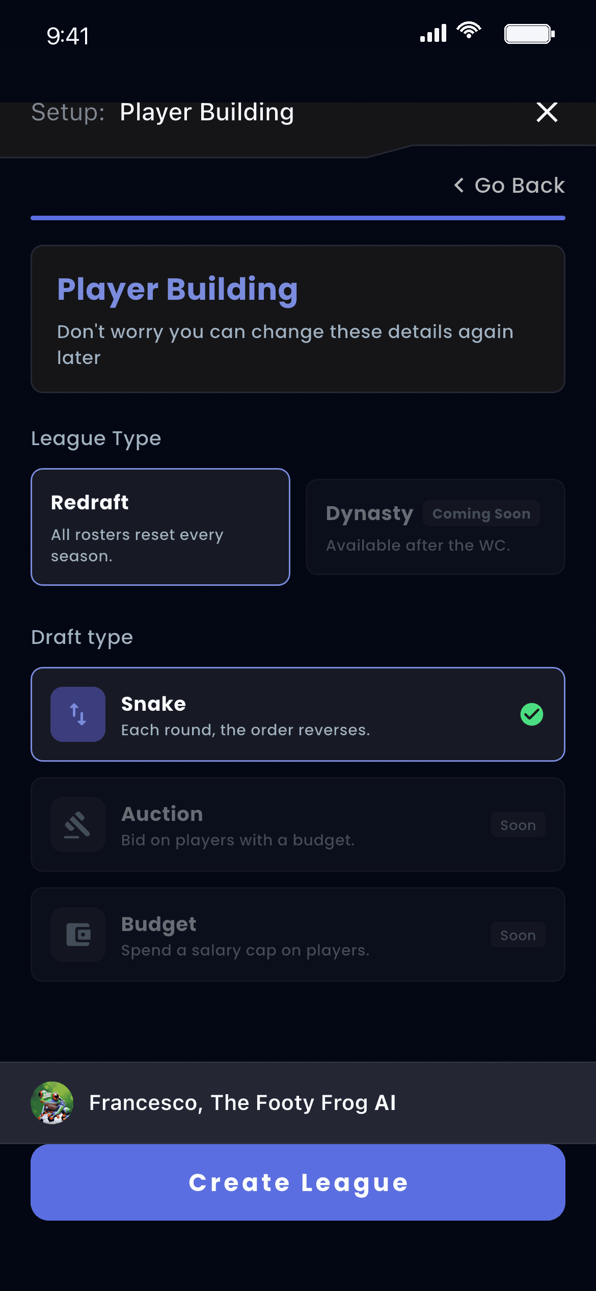 Total90 league builder showing Redraft vs Dynasty modes and snake/auction/budget draft types